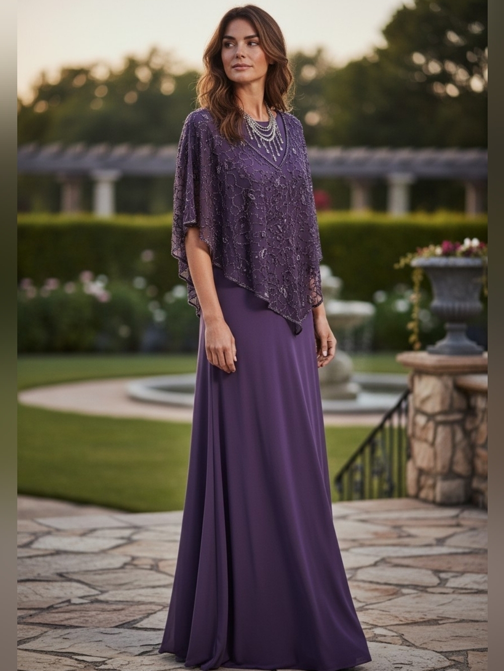 J Kara Purple Beaded Cape Gown